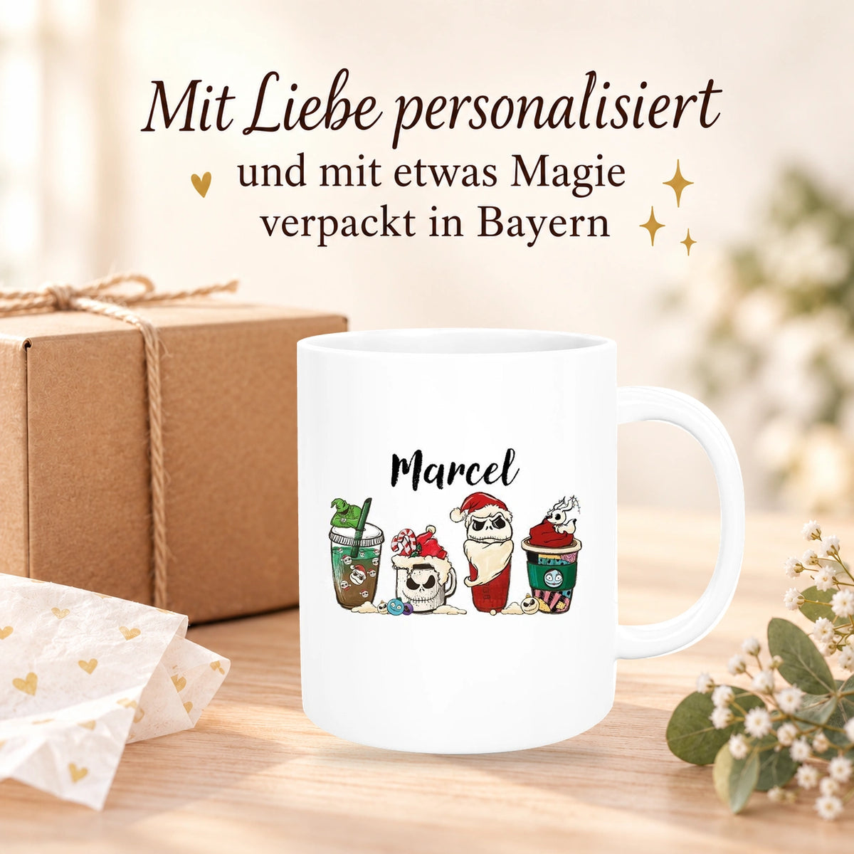 MUCKKI-PRO:975b618d443ed2f9f562b1eff84698235d88ea3327a730ec88666bf8cdcb65b7:Tasse Wunschname Weihnachten Nightmare before Christmas 9 Keramik versch. Farben