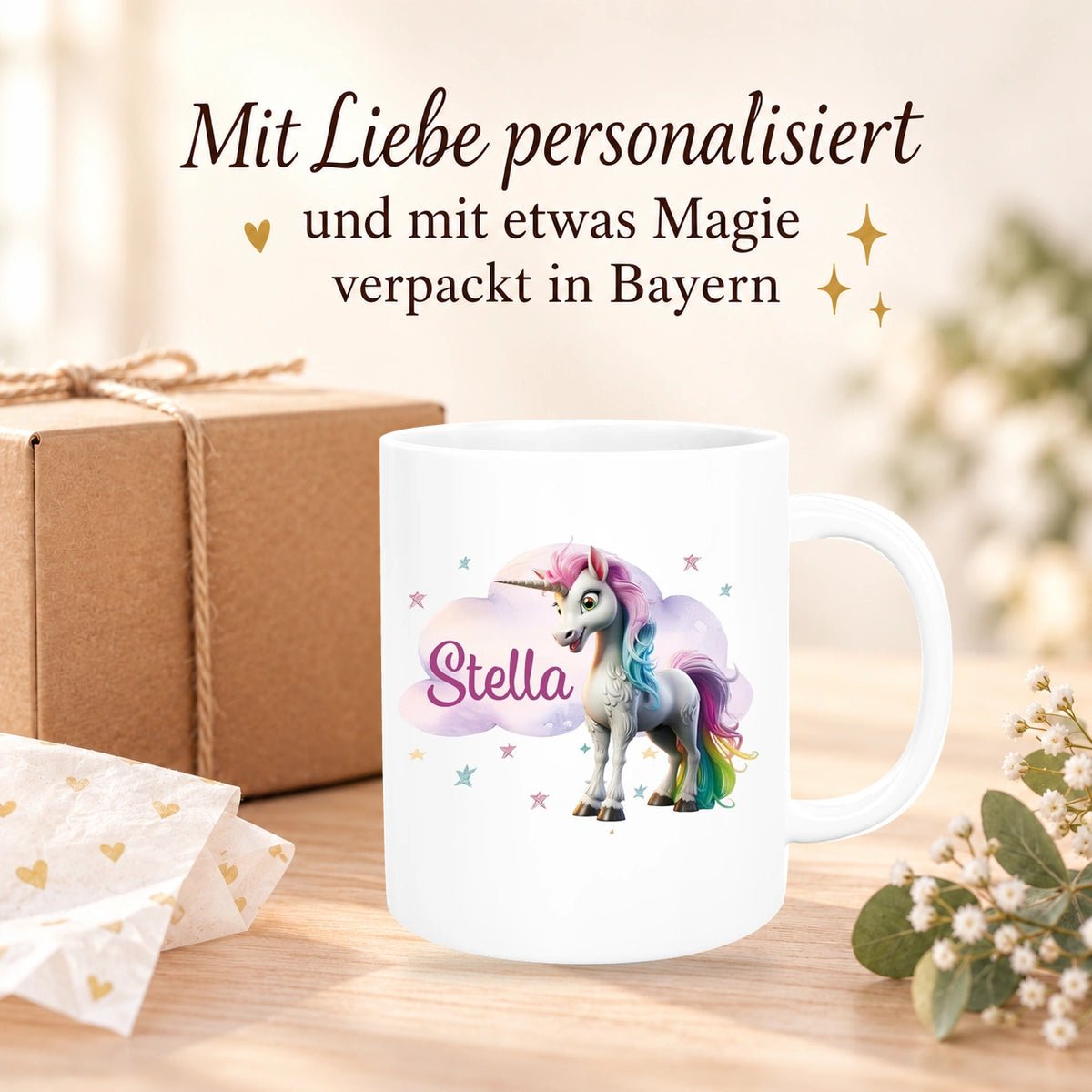 MUCKKI-PRO:7245c68b7cb2922fe586941c15cc38ae8d8d75526e3f0bd81aab35637a29588a:Tasse Einhorn Wolke 4 Wunschname Keramik Kinderbecher personalisiert versch. Farben