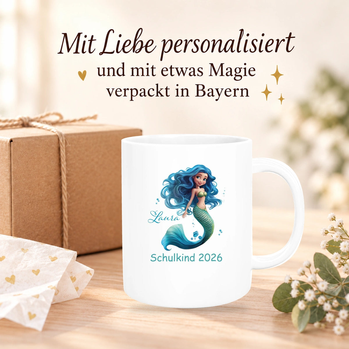 MUCKKI-PRO:f1d8c78cc2c35fda9abee11b88cf119d218258a5442d7845ba9867f888ff256c:Tasse Schulkind 10 Wunschname Meerjungfrau 1 Keramik Kinderbecher Personalisiert versch. Farben