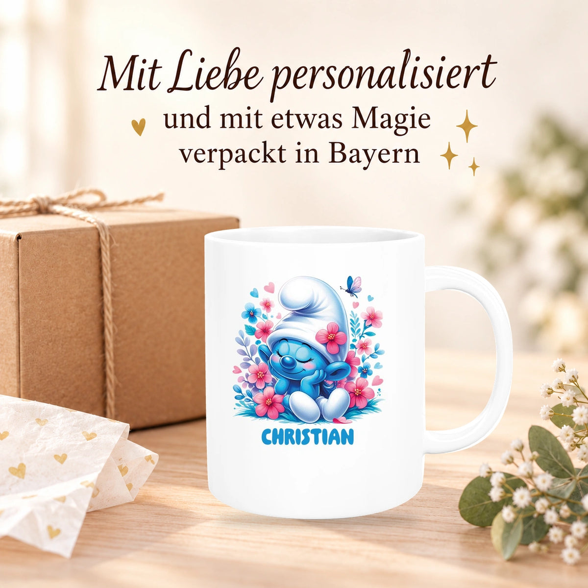 Tasse Kinder Schlumpf 1 mit Blumen Wunschname Keramik Kinderbecher personalisiert versch. Farben