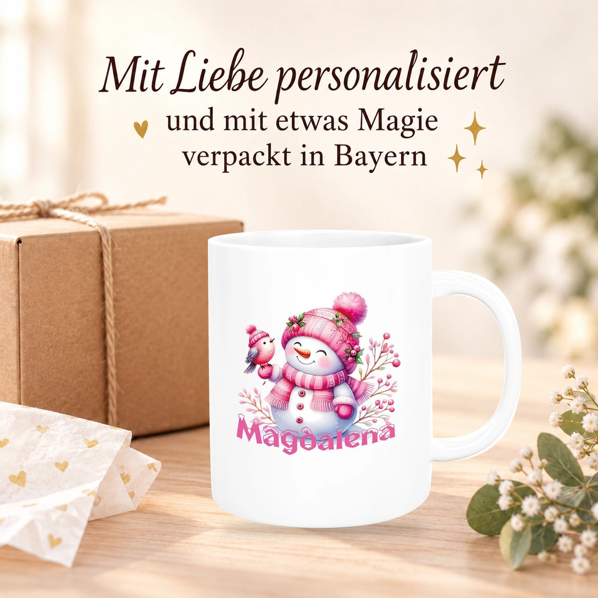 MUCKKI-PRO:9f14710009474487135110a0682dec8bac385c49baf968deeefa21742b7f581e:Tasse Wunschname Weihnachten Schneemann 1 Keramik Kinderbecher versch. Farben