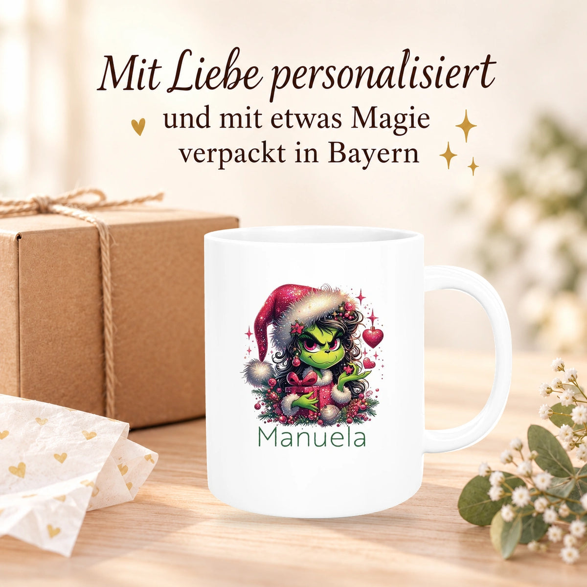Tasse Wunschname Weihnachten Lady-Grinch 2 Keramik Kinderbecher versch. Farben
