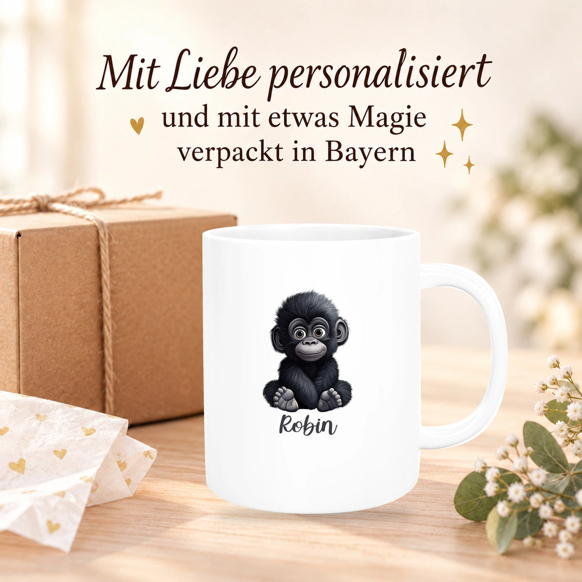 MUCKKI-PRO:07e768030fbd84231aad3d157b2ebd2ff0b673bd963f598aaf554e5a3738a473:Tasse Wunschname Gorilla 1 Keramik Kinderbecher versch. Farben