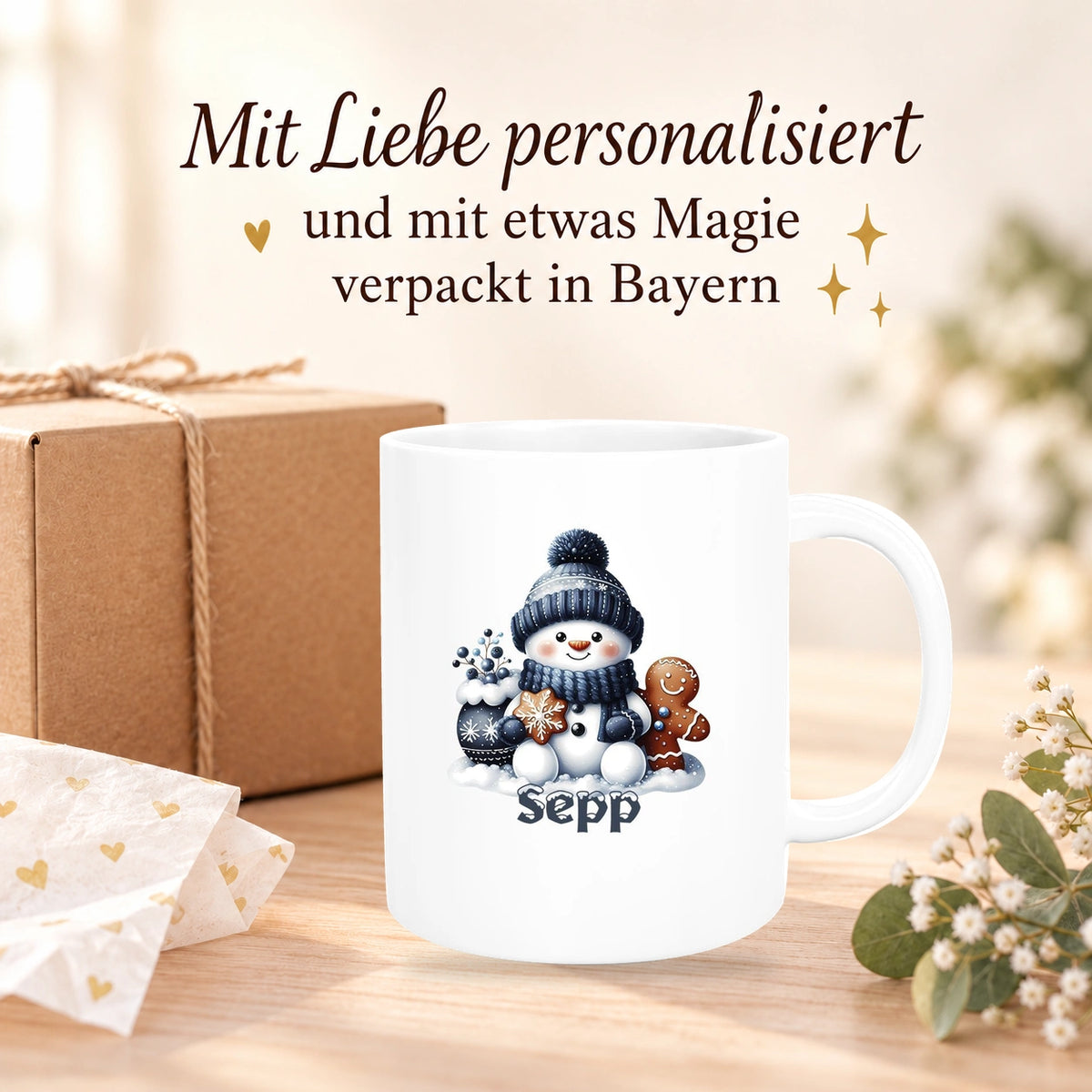 MUCKKI-PRO:f7722ec7efbb009f805745e434c4998665b8b1316b1d318a2dec752a3b560c20:Tasse Wunschname Weihnachten Schneemann 4 Keramik Kinderbecher versch. Farben