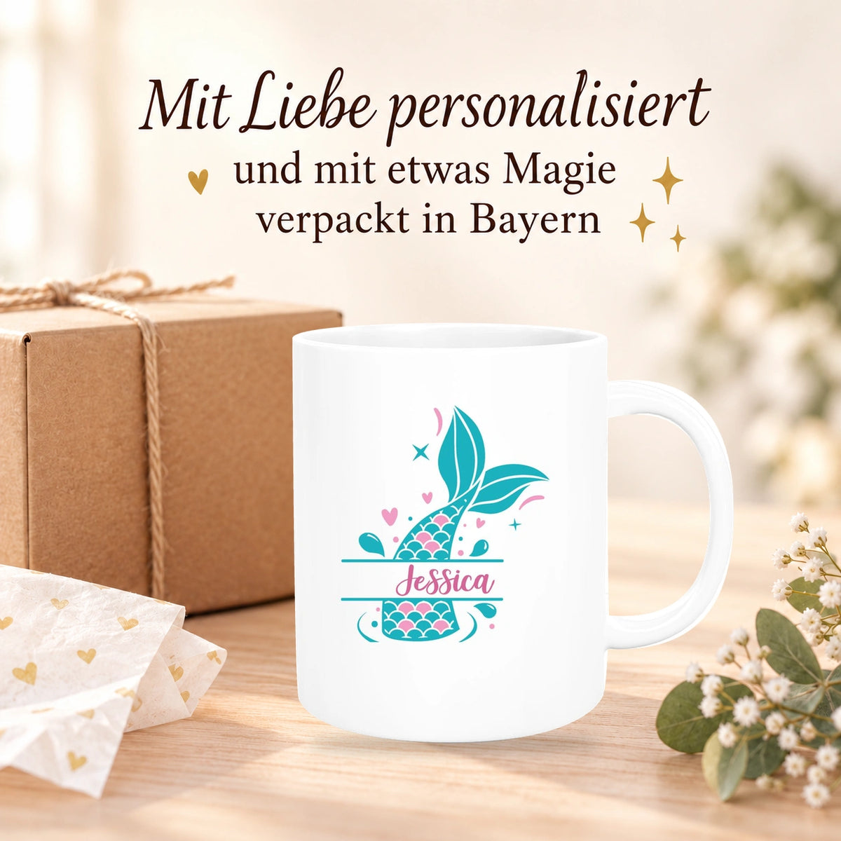 Tasse Meerjungfrau-Flosse 1 Wunschname Keramik Kinderbecher personalisiert versch. Farben