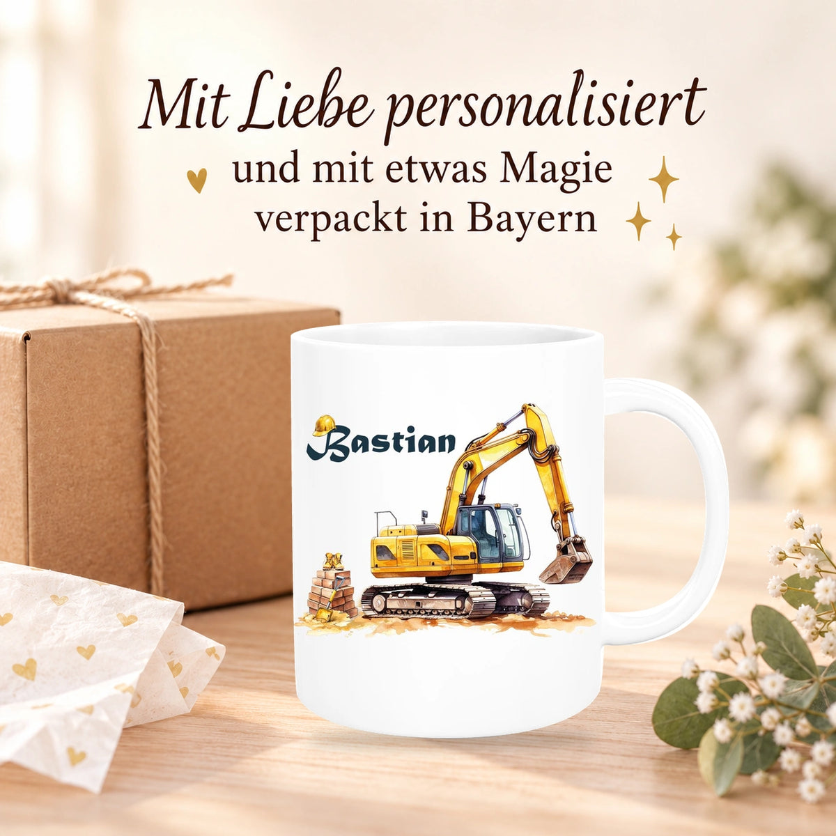 MUCKKI-PRO:0a90eb97fca3ea9cd726535067f45343292e6025279b405247bf6fa85b20a1d9:Tasse Wunschname Baustelle Bagger Keramik Kinderbecher versch. Farben