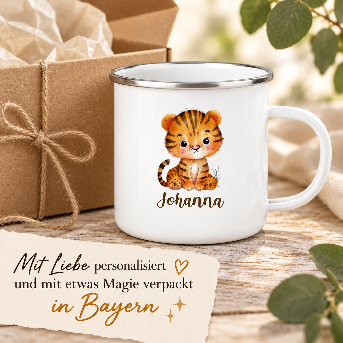 MUCKKI-PRO:74e232873acfb6d9c48d114f2c557975b34afbddb424b351fa5f4276d27f3fa7:Tasse Wunschname Tiger 1 Emaille Kinderbecher