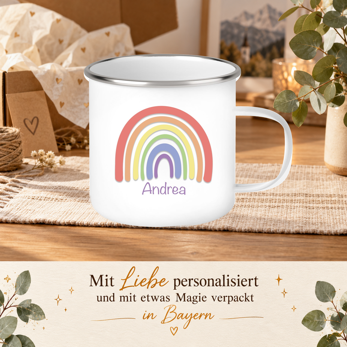 MUCKKI-PRO:eb08a28d70e45677e8f83743c0bf0d9da68b313e281518099c9ccb7a15b5a711:Tasse Wunschname Regenbogen 1 Emaille Kinderbecher