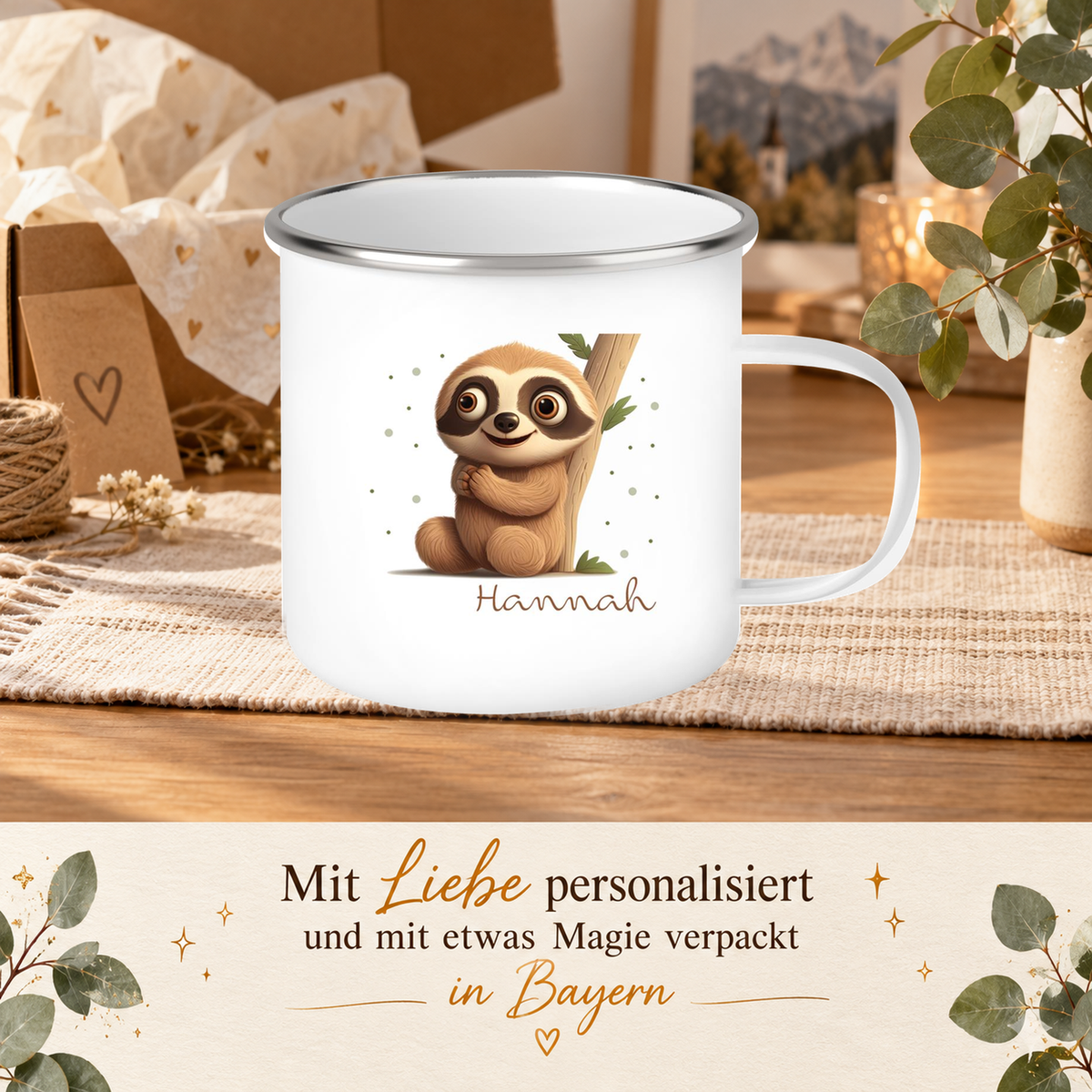 MUCKKI-PRO:32d660a8619061aa7d0042ec583aa51079464ffaa29c3d399518b0836a9fb485:Tasse Wunschname Faultier-Baum Emaille Kinderbecher