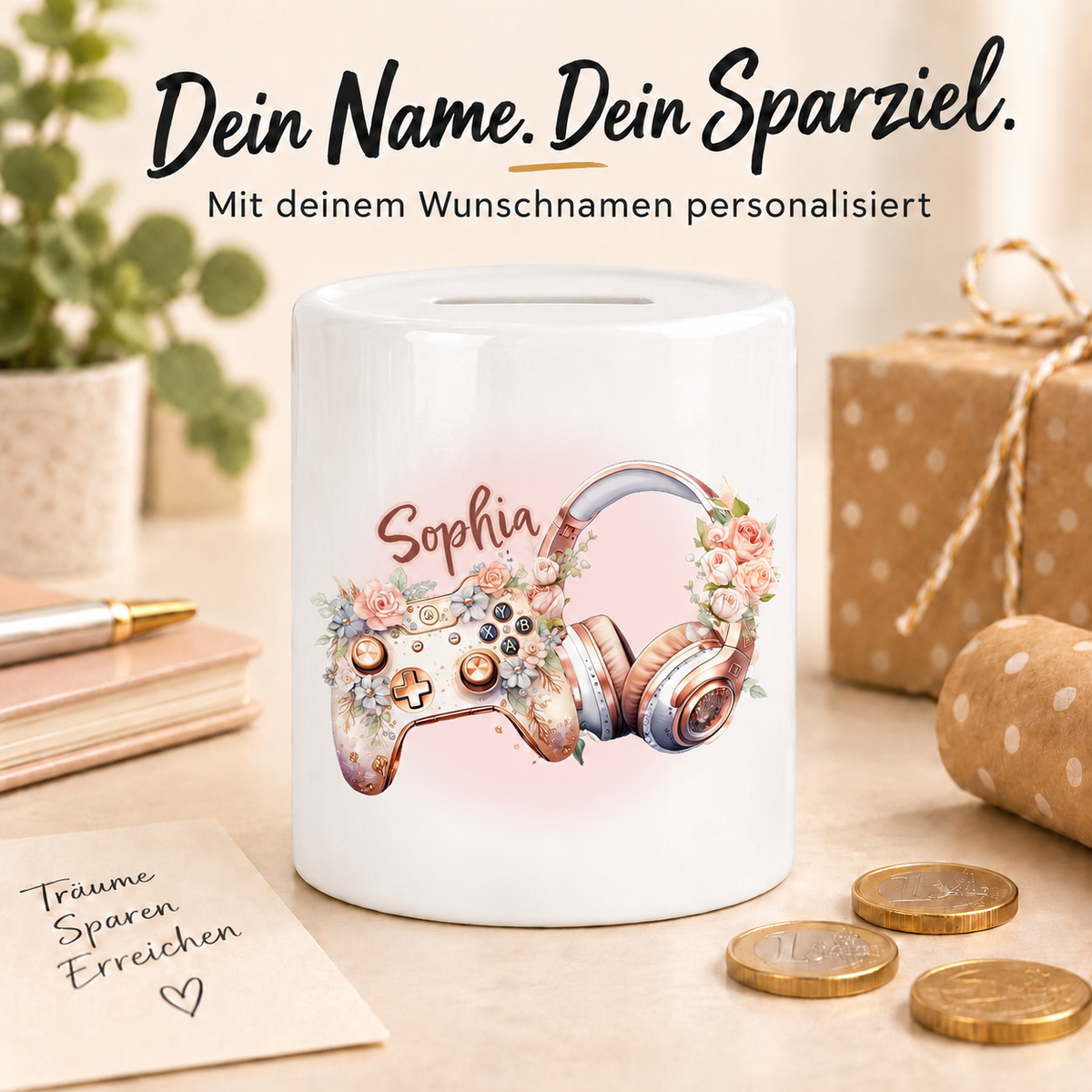 MUCKKI-PRO:7fabba60432512e37fe1923196838273e01939fb37ed74de43c6f040c905a016:Spardose mit Wunschname Gamer 4, Controller, HeadSet, Gamer Fund, Personalisiert