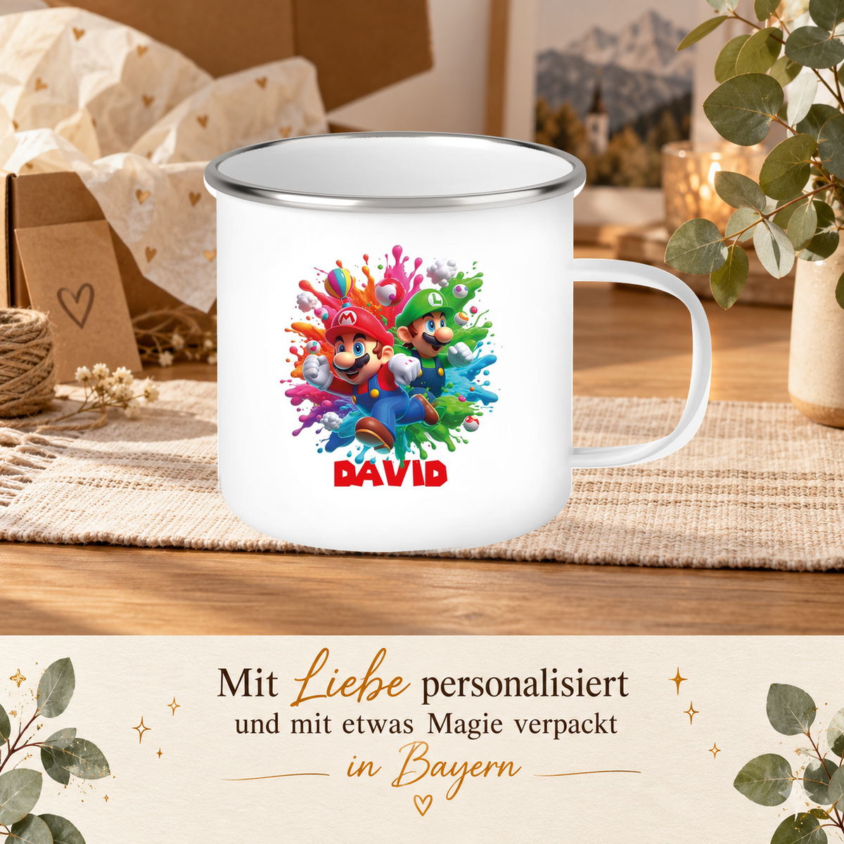 MUCKKI-PRO:4005f5b177f7d24efd0c2f2be770a5e93ade1d094f047a7c2c186cd508494c13:Tasse Wunschname Super-Mario 1 Emaille Kinderbecher personalisiert