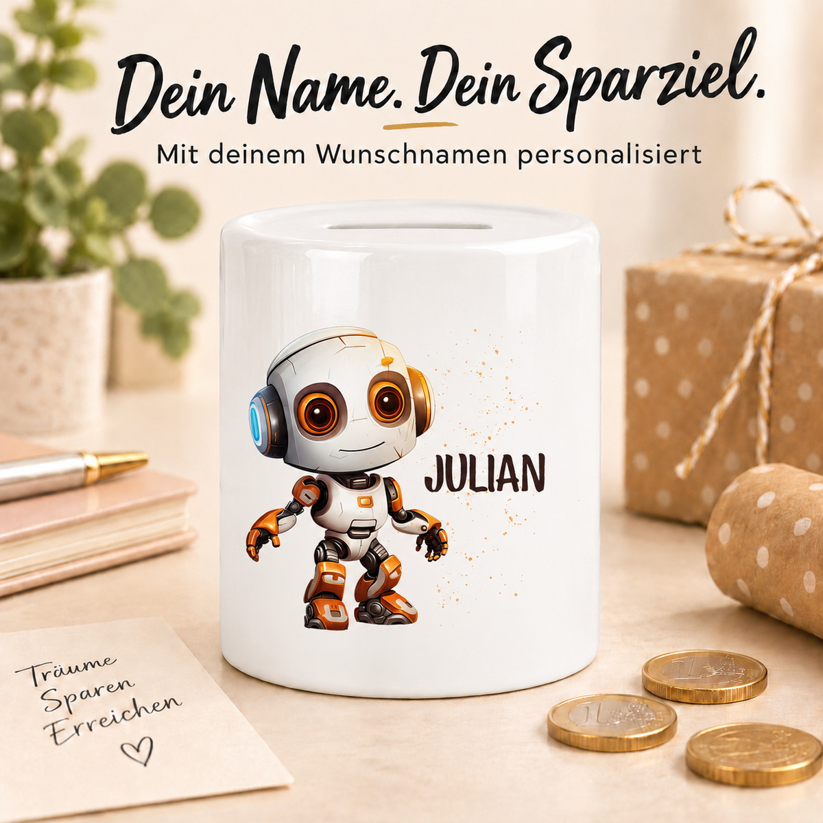 MUCKKI-PRO:9383ffa3324fadda0f311a35850cf491d58dd5cc6dee2e25fd646b11af419674:Spardose mit Wunschname Roboter 3 personalisiert