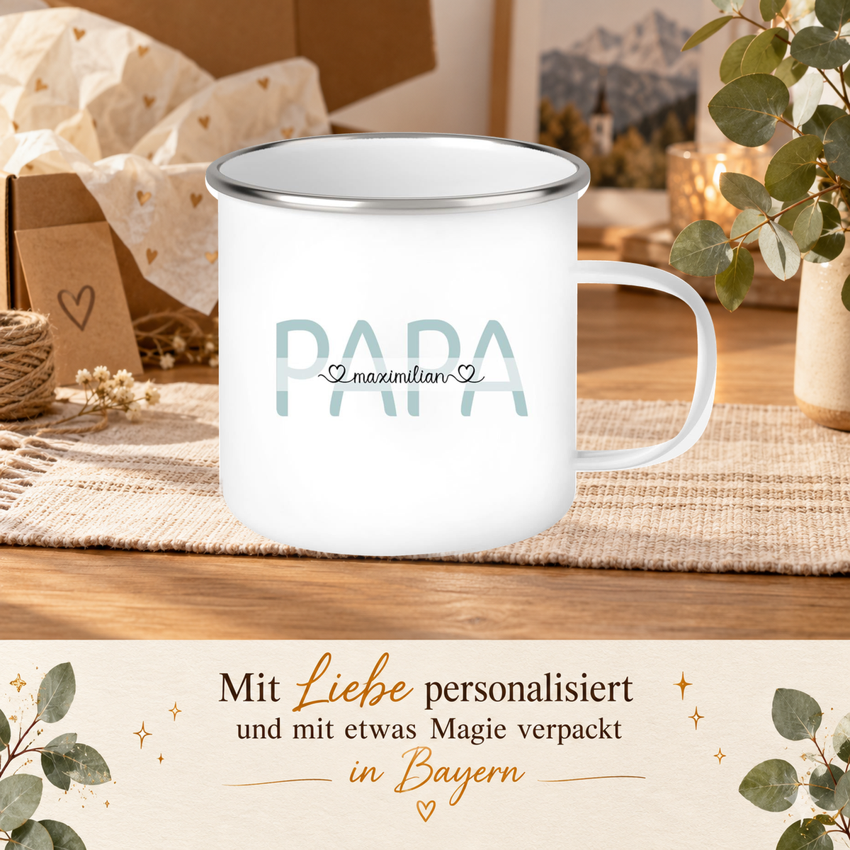 MUCKKI-PRO:e0be9574fe54dc7109415dd15a9205e2a82788e855bf9fa5971f705197bc7208:Tasse Vatertag 1 Wunschnamen Emaille Personalisiert