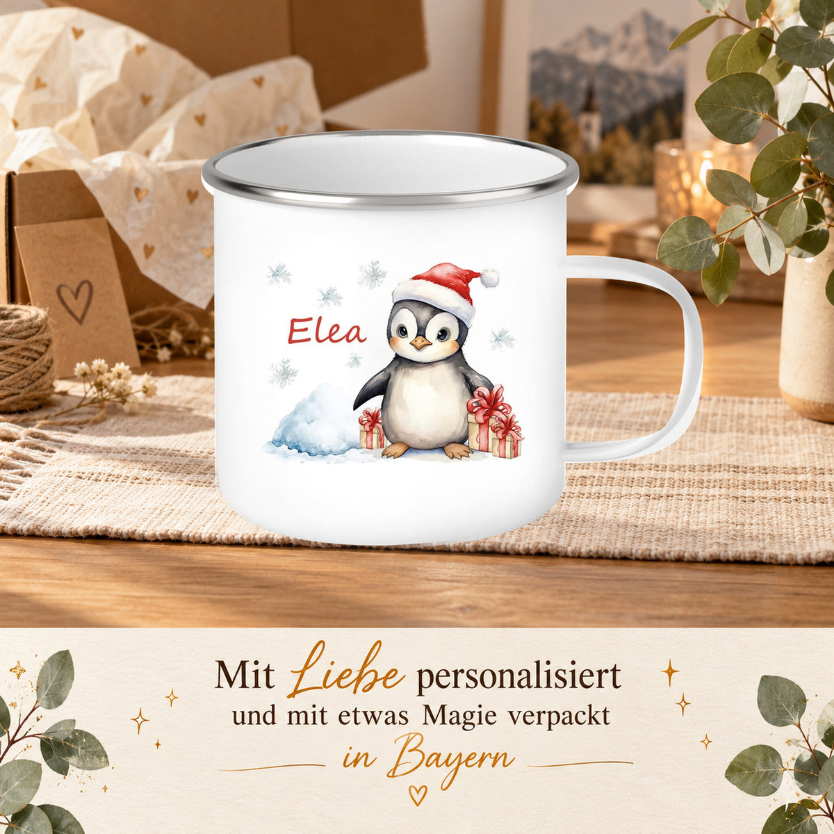 MUCKKI-PRO:bc29acacbebb206027423811e41deb34f3154ac0127cee3b8963738b01d94b2c:Tasse Wunschname Weihnachten Pinguin 1 Emaille Kinderbecher