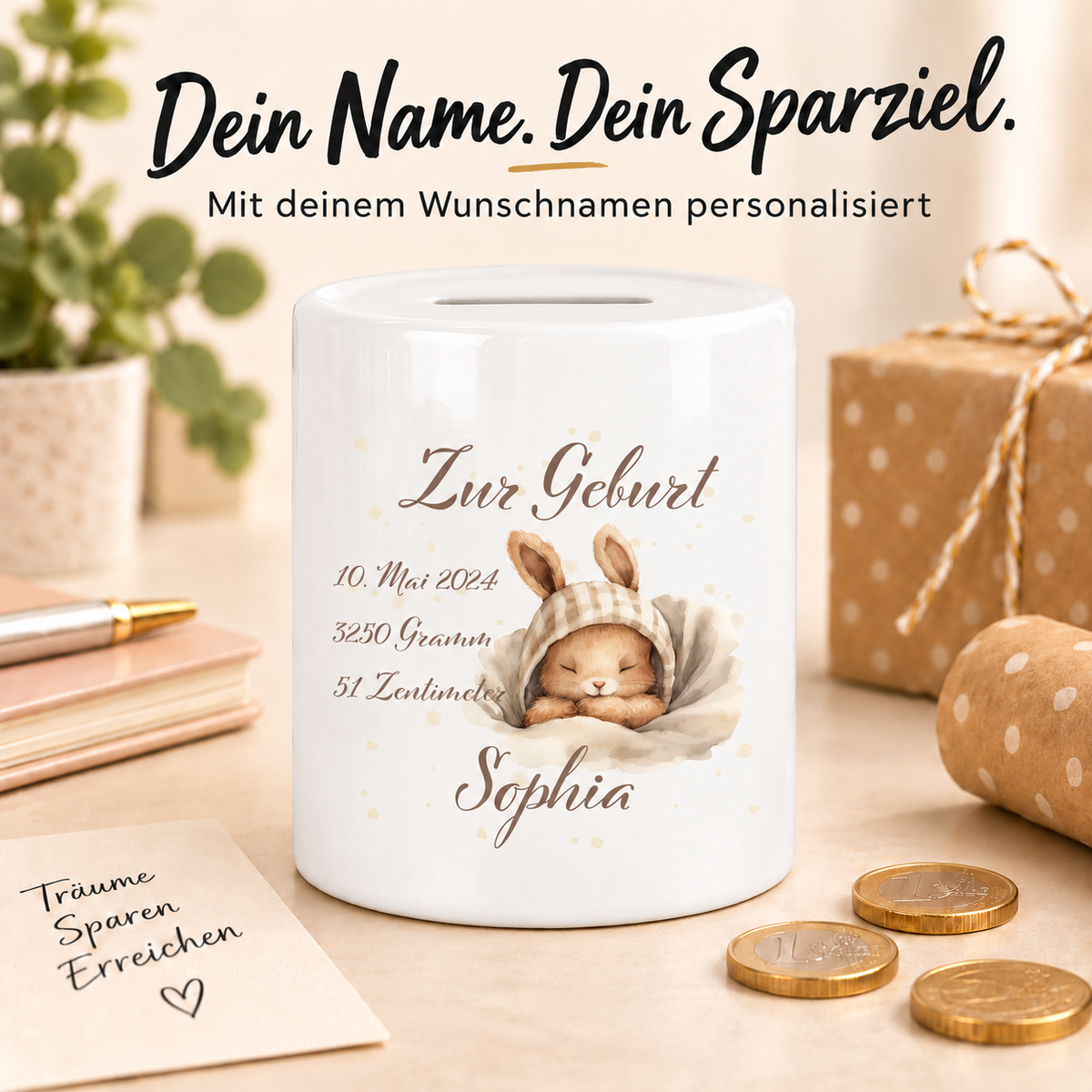 MUCKKI-PRO:ad32ea053d0b2ec787abcf5a5b8ddca26b7e5d1876a6e7fe41fb1f9d4fb1555a:Spardose mit Wunschname Geburt Hase 1 personalisiert