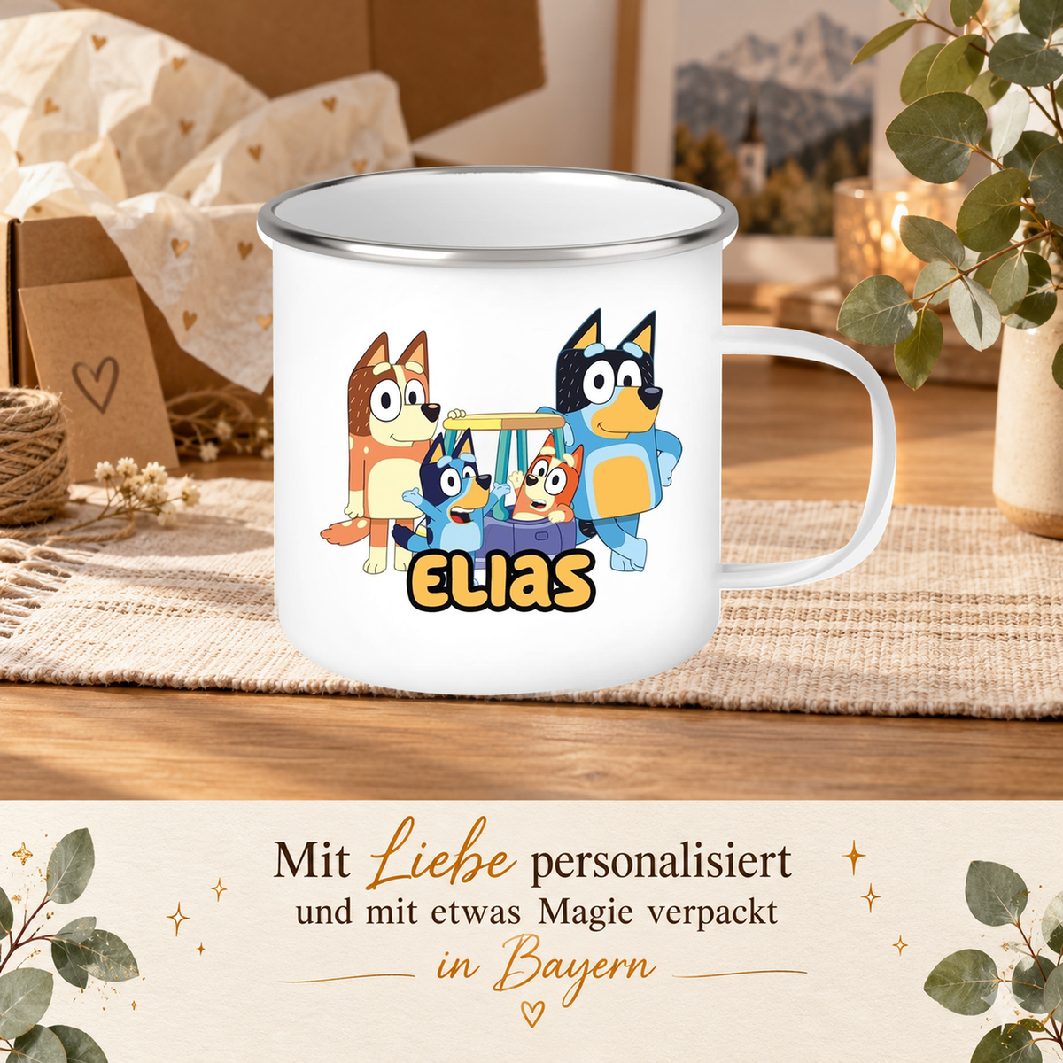 MUCKKI-PRO:45758b4f6592225043c9f11a337ef1188d4a539c1f21861d8c491077720a5188:Tasse Bluey 2 Wunschname Emaille Kinderbecher personalisiert