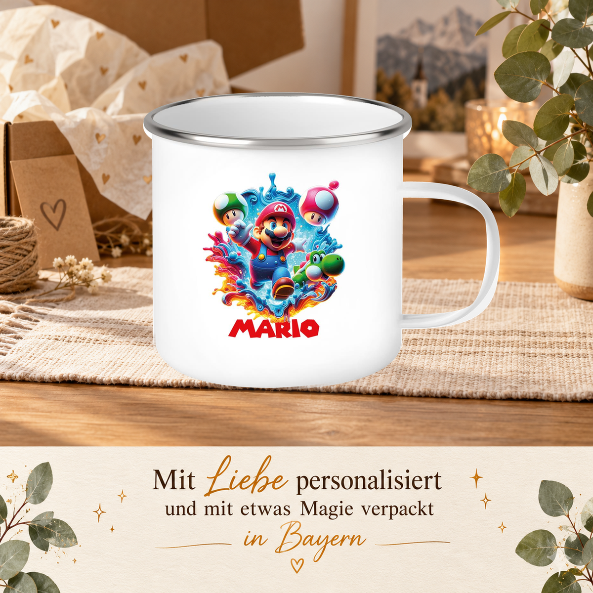 MUCKKI-PRO:db0f25b79f11615f758e09b5826bd2f8a1ad2581fec404f252b94ffc2bae99d9:Tasse Wunschname Super-Mario 8 Emaille Kinderbecher personalisiert
