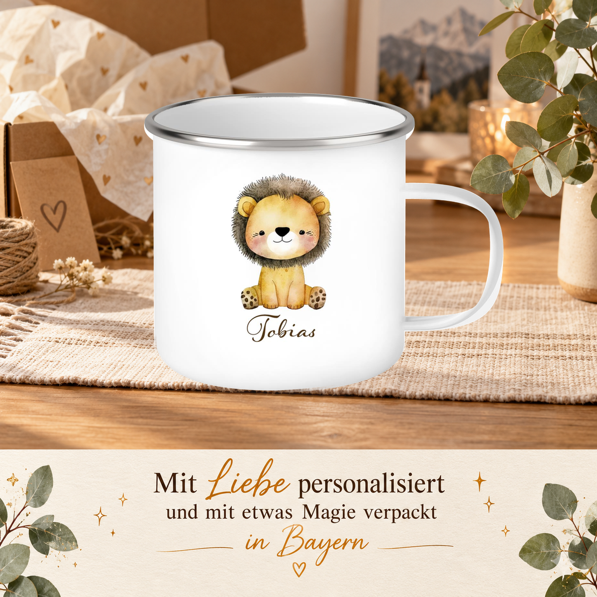 MUCKKI-PRO:4d2ebfef749532df5a3f8a74447905fc24a617ac034b1048323a41088c8383d9:Tasse Wunschname Löwe 1 Emaille Kinderbecher