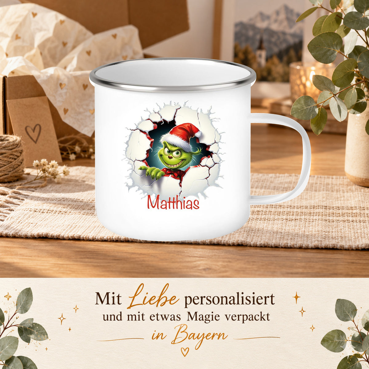 MUCKKI-PRO:7ef8da5a383c04434e1abed778419e72da828b4d1e41a20216d310f4234af2dc:Tasse Wunschname Weihnachten Grinch 8 Emaille Kinderbecher