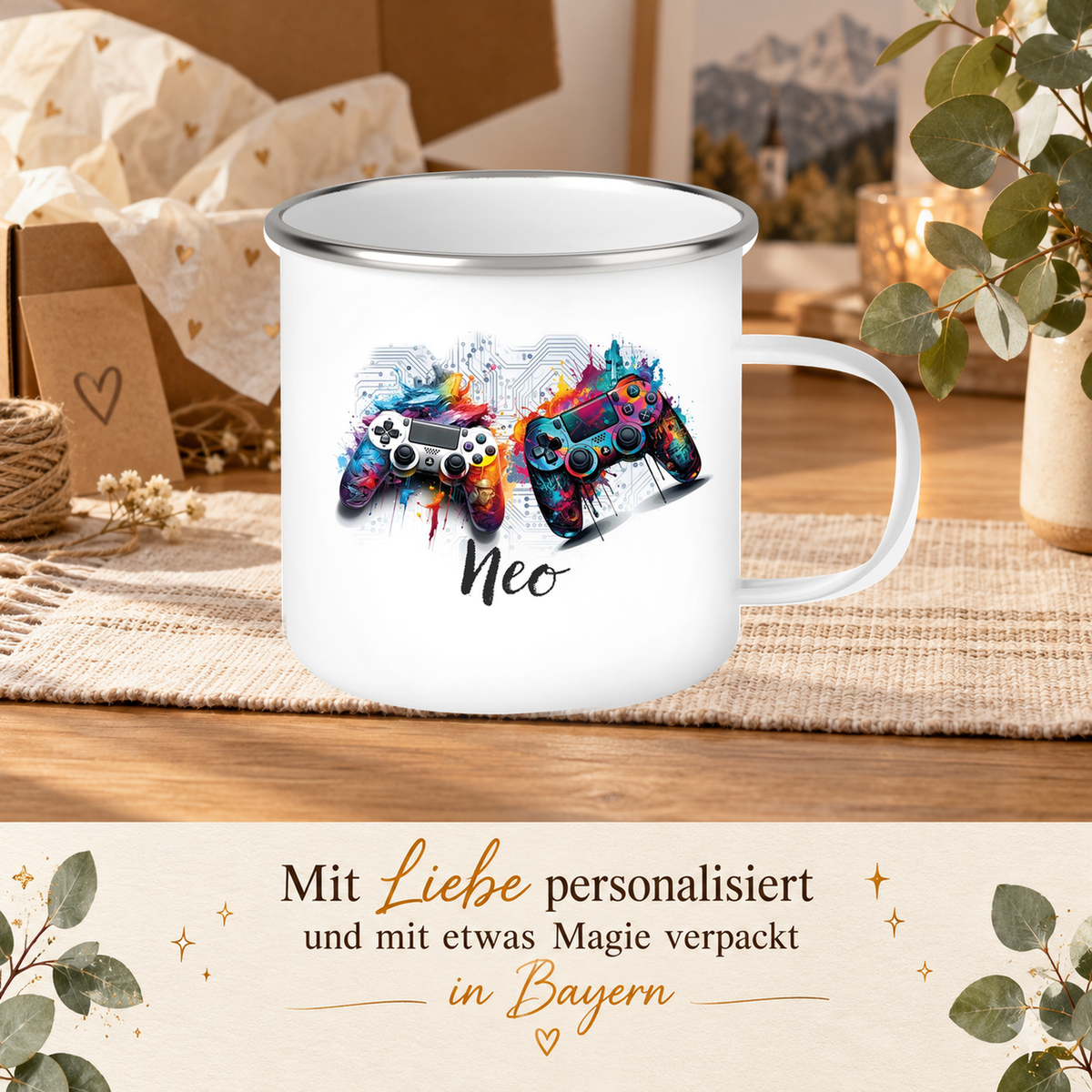 MUCKKI-PRO:62d117ef56d6eb24c284ee6cf65971f19a867c2af01e60677f5ee4743426b61f:Tasse Gamer 1 Wunschname Emaille Kinderbecher personalisiert