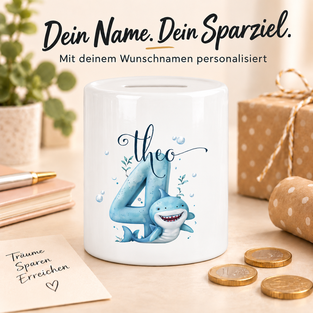 MUCKKI-PRO:51ca1da7ee30d01f4b241005225ef2315d1721b798386e1523d5230e0bfbdf22:Spardose Geburtstag mit Wunschname Hai Zahl 1 personalisiert