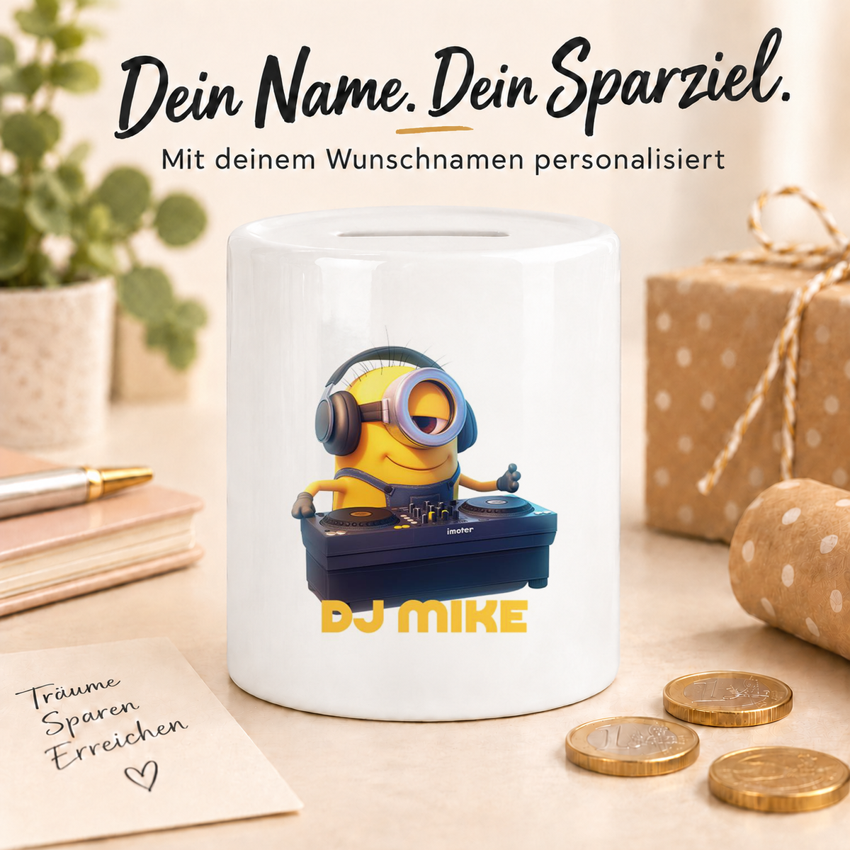 MUCKKI-PRO:cf0f3b7cca9812a1c345199a7e48e5902569667d5978d38c1b192127618a4006:Spardose Minions Kinder Minion 9 DJ Wunschname personalisiert