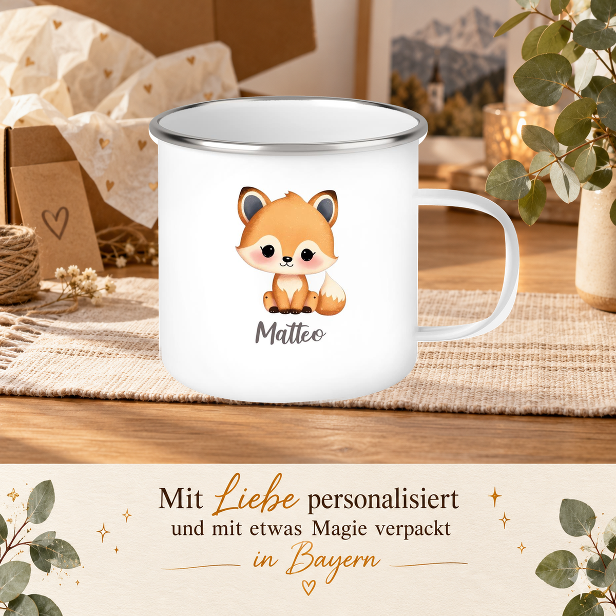 MUCKKI-PRO:231955db4dee12eec46e693b86ca3be54d95783a28815cfa2c1ceb90de088e92:Tasse Wunschname Fuchs 1 Emaille Kinderbecher