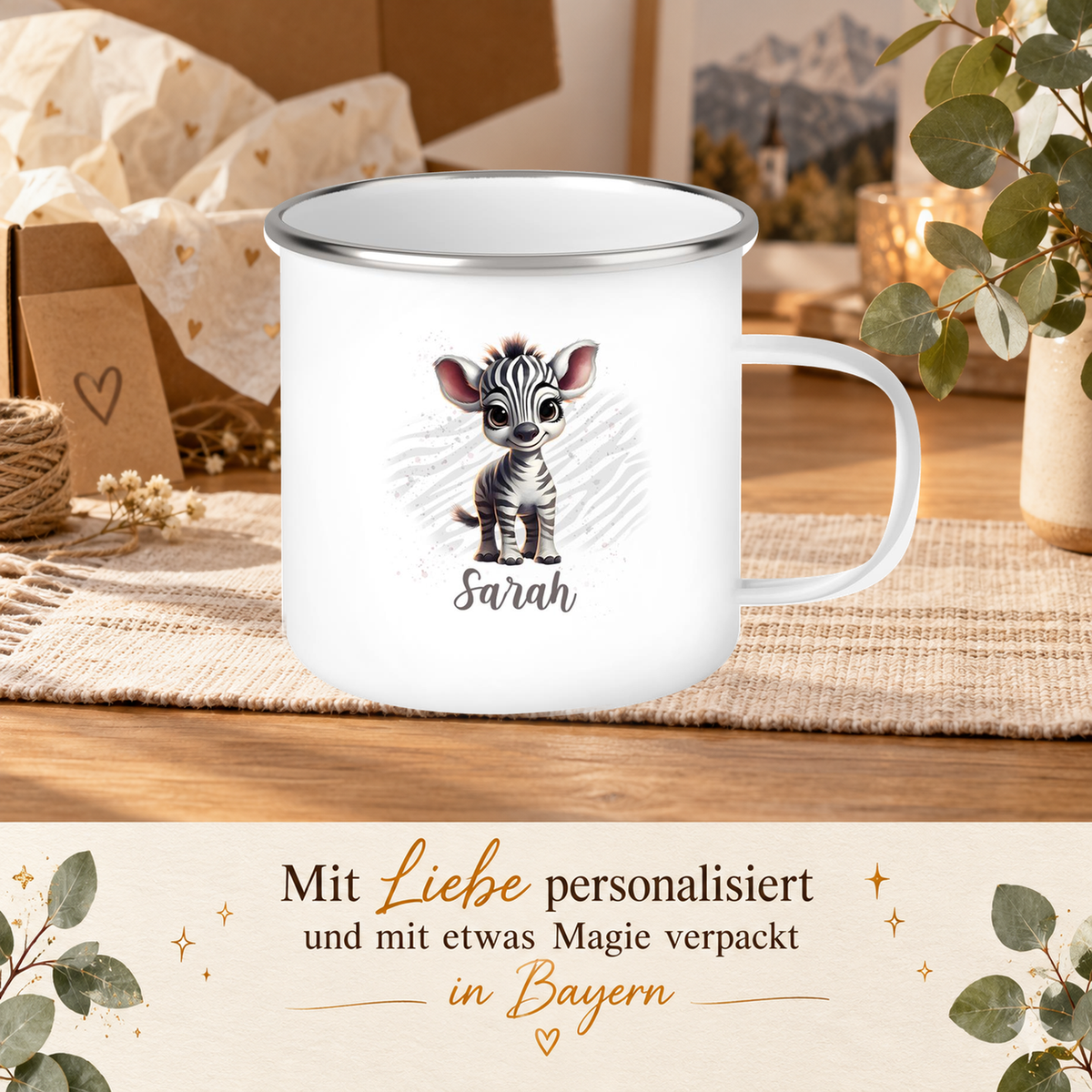 MUCKKI-PRO:a1d3523342fdb76409e535609f9ef037aa1fa84c7dbf99d80138ad188894c94d:Tasse Wunschname Zebra 1 Emaille Kinderbecher
