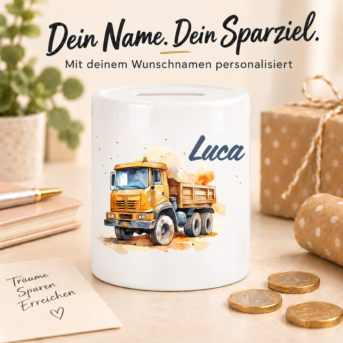MUCKKI-PRO:202b9303b783585bf6d32b3d17089763a47cd113689f1ace32916eb304aaf253:Spardose mit Wunschname Baustelle Kipper 1 personalisiert