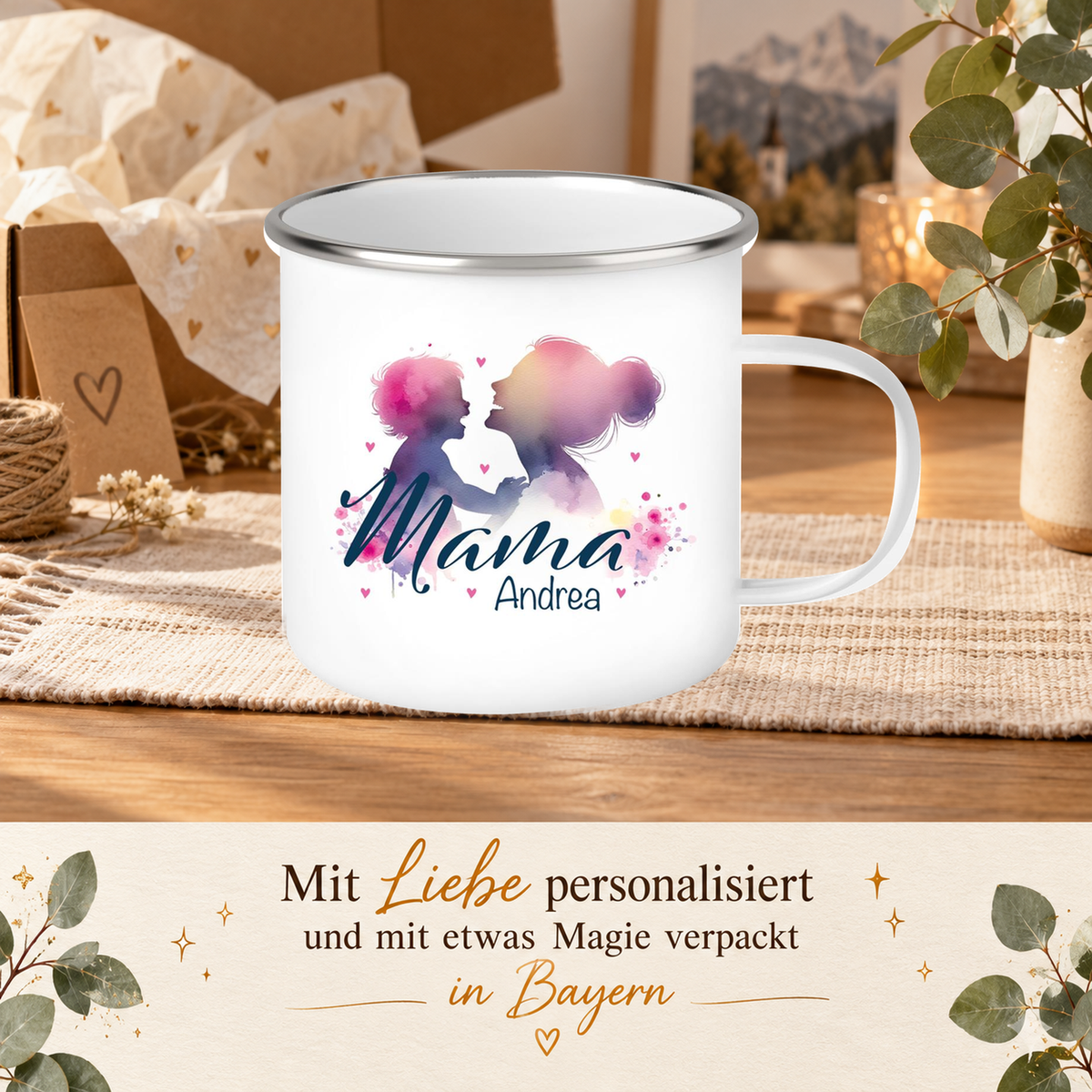 MUCKKI-PRO:54d42d2fb3eb24a47202a15cadc4f9175b6359dca09d05708c9e4874d6b3d104:Tasse Muttertag 11 Wunschnamen Emaille Personalisiert