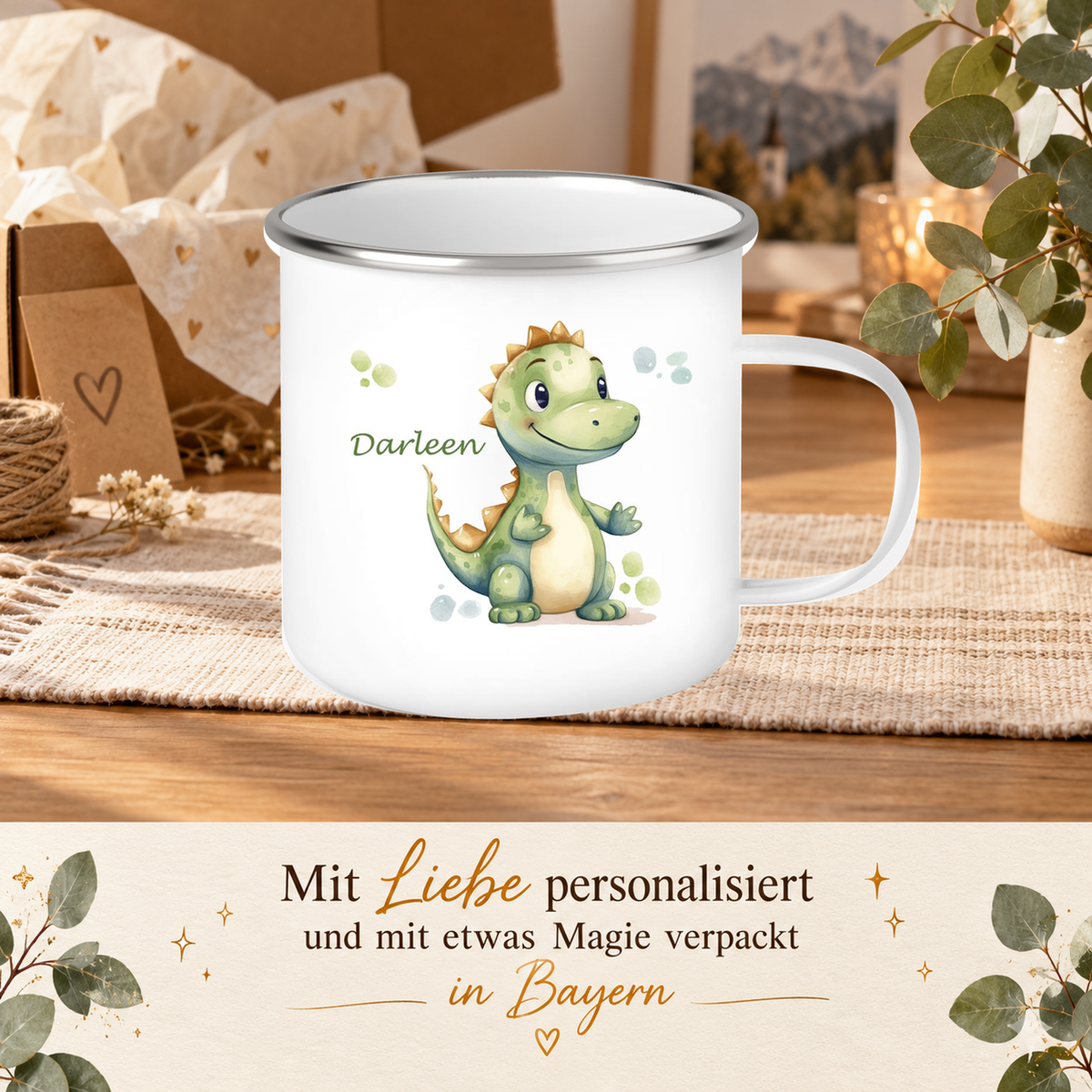 MUCKKI-PRO:883062a1a11c5002e2a32215629a36f483425089aaaef3be011d46273bb703cd:Tasse Wunschname Dino 1 Emaille Kinderbecher