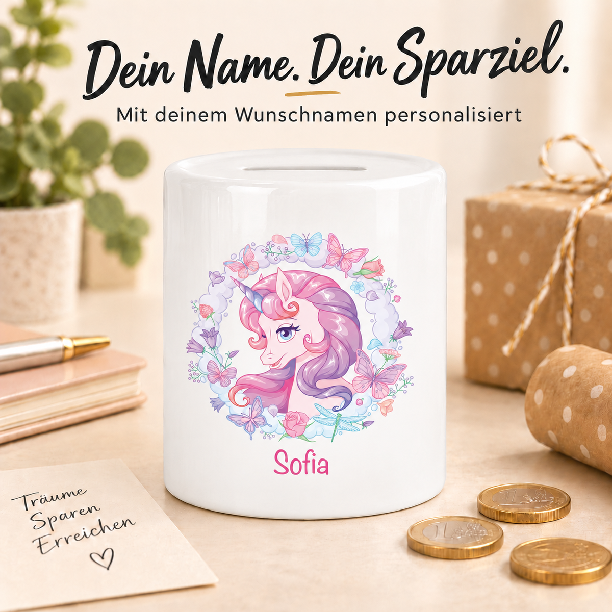 MUCKKI-PRO:e45b22bf9bcc8ef8a7b0b275dfaf0bb0b1d0ebc1d8027a18963e8da4c5761864:Spardose mit Wunschname Einhorn 1 personalisiert