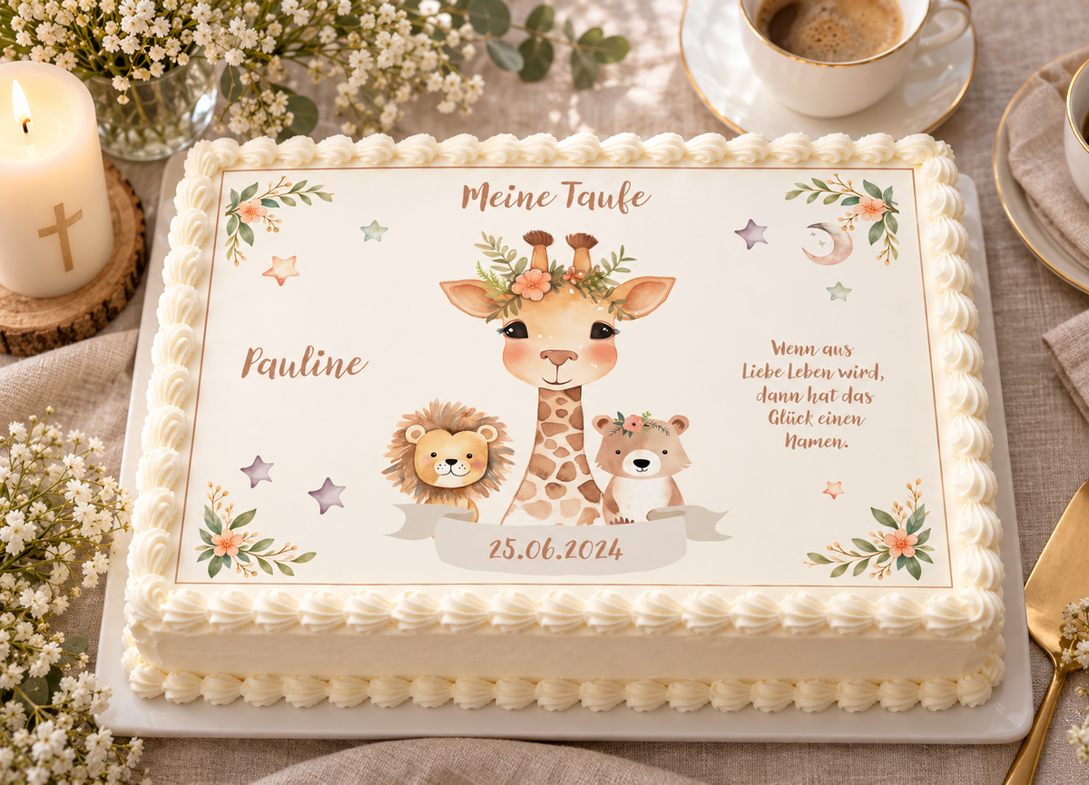 MUCKKI-PRO:1ec194cae3cfb8caa675bc77f69169cd30b936c1e6a67dcc4fc3b8e6b5b5e4fe:Tortenaufleger Taufe Animals 1 – personalisiert mit Name & Datum – Eckig (28 x 20cm)