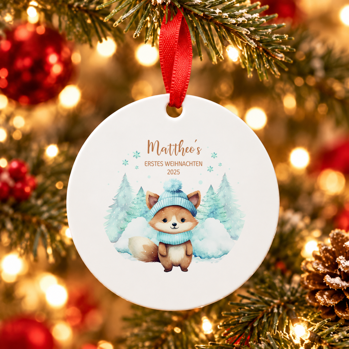 MUCKKI-PRO:5b06901e6c8ebf9b641aa2877f27f61c8772b130510d262690dd902295743617:Weihnachtsanhänger personalisiert Fuchs – mein erstes Weihnachten mit Wunschnamen – Rund, Stern, Herz oder Glocke