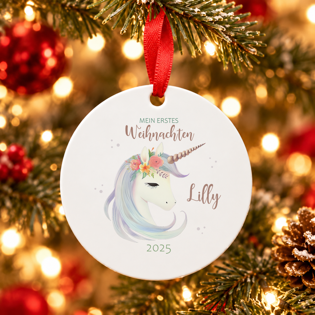 Weihnachtsanhänger personalisiert Einhorn 1 – mein erstes Weihnachten mit Wunschnamen – Rund, Stern, Herz oder Glocke