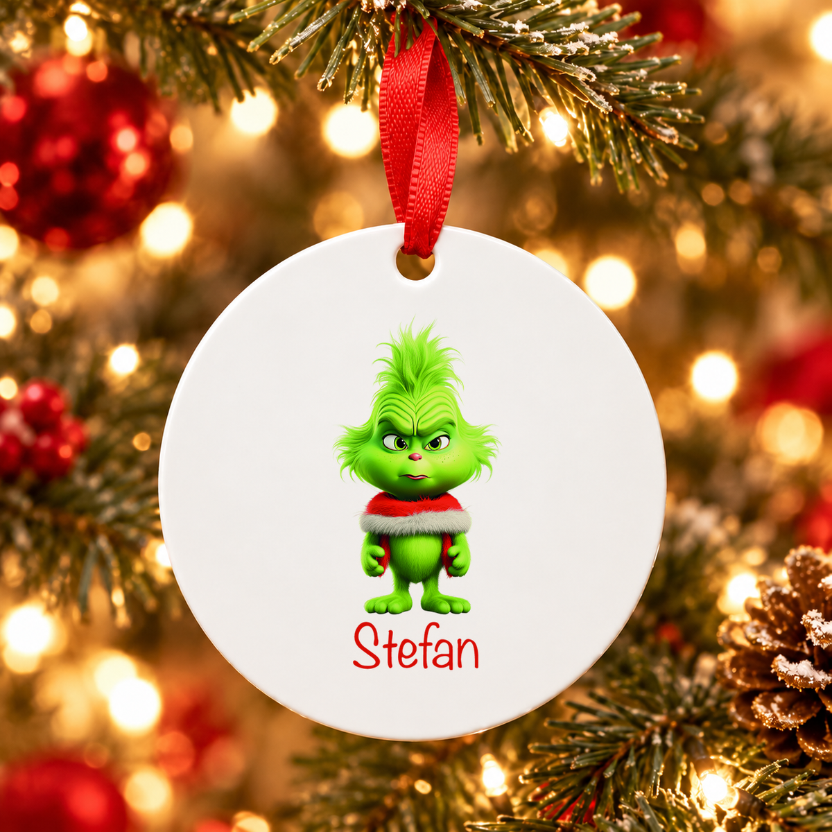MUCKKI-PRO:20f93835f417cd0d70aed4f8795ed993b7fc1beb116148f11158c5890f833131:Weihnachtsanhänger personalisiert Grinch 1 mit Wunschnamen – Rund, Stern, Herz oder Glocke