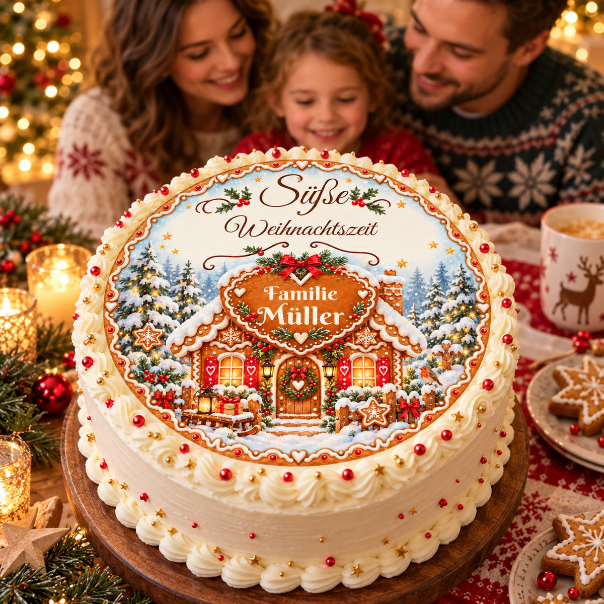 MUCKKI-PRO:6436ead0f1e42f3ff5695b8fafede7c7b6d8b7d2f9ebf56ef9587ff1fd5e9c57:Tortenaufleger Weihnachten Lebkuchenhaus – personalisiert mit Familienname – versch. Formen