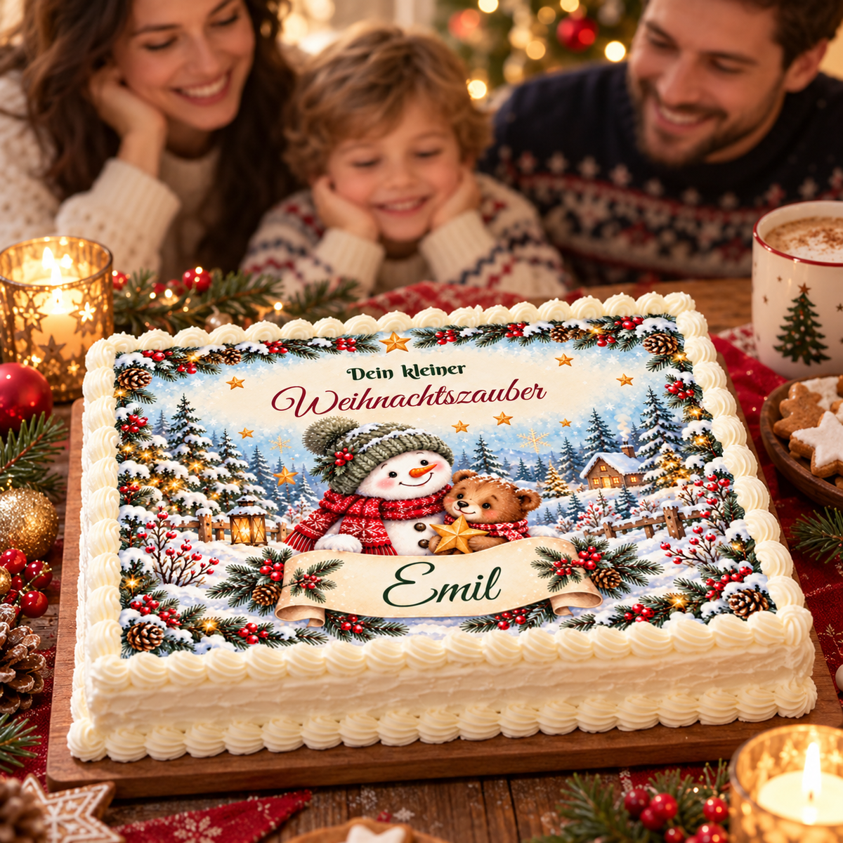 MUCKKI-PRO:ca8b1a906c0b1ac18855f7286f2b4f01b96af16a8039184a0865fde6d0eb518b:Tortenaufleger Weihnachten Schneemann & Bär – personalisiert mit Wunschname – Eckig (28 x 20cm)