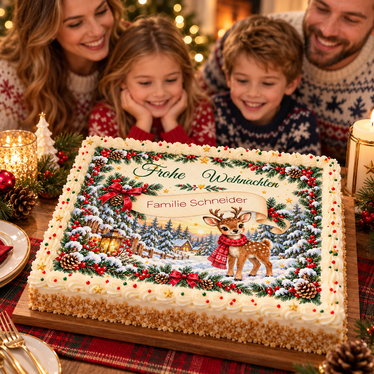 MUCKKI-PRO:6ad1cea698bd7417590333d64082deec08bbdb43d70db7cc65a1cb8244c824ce:Tortenaufleger Weihnachten Rentier – personalisiert mit Familienname – Eckig (28 x 20cm)