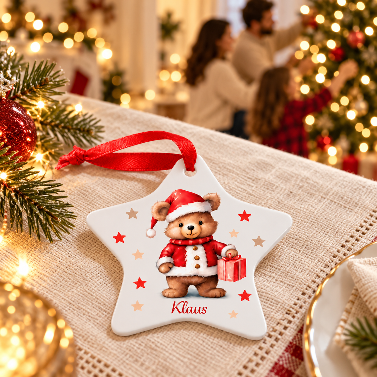 MUCKKI-PRO:4233b8f8440627e22764b22b98353cd643e87151b0d5df3586b2cbbf9dc9c295:Weihnachtsanhänger personalisiert Teddy Sterne mit 1 Namen – Rund, Stern, Herz oder Glocke