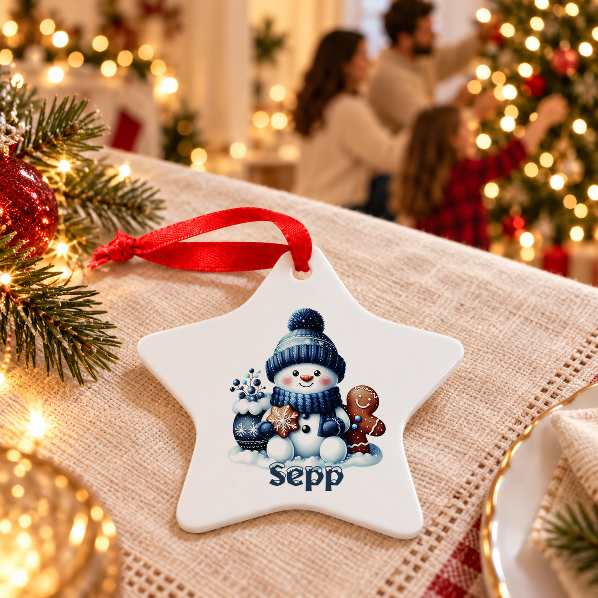 Weihnachtsanhänger personalisiert Schneemann 4 mit Wunschnamen – Rund, Stern, Herz oder Glocke