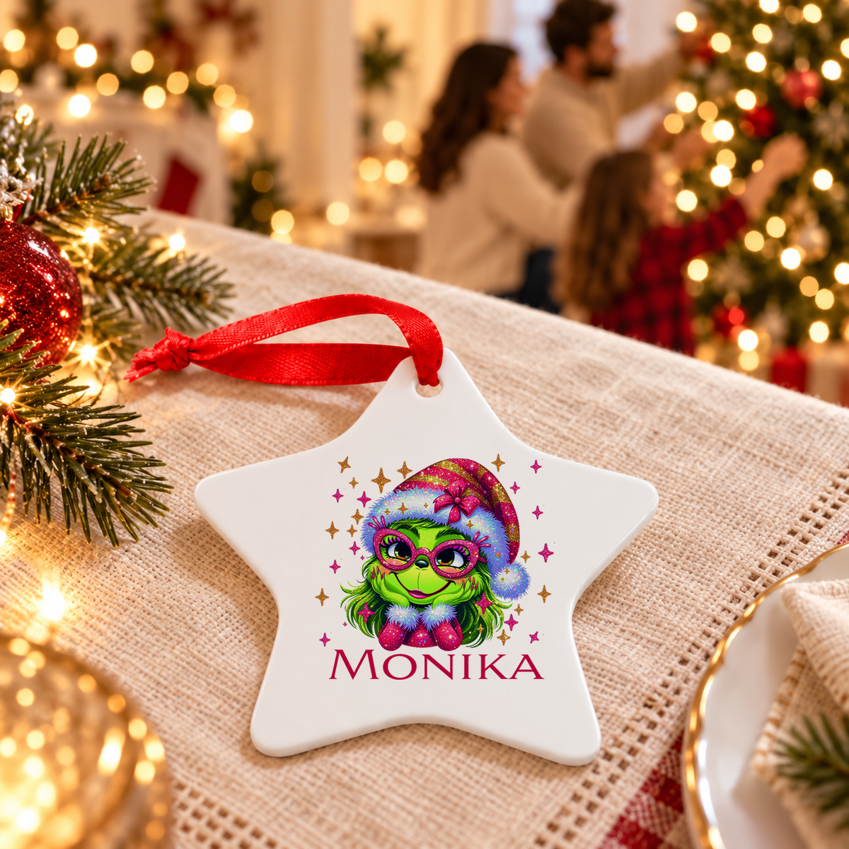 Weihnachtsanhänger personalisiert Lady-Grinch 1 mit Wunschnamen – Rund, Stern, Herz oder Glocke
