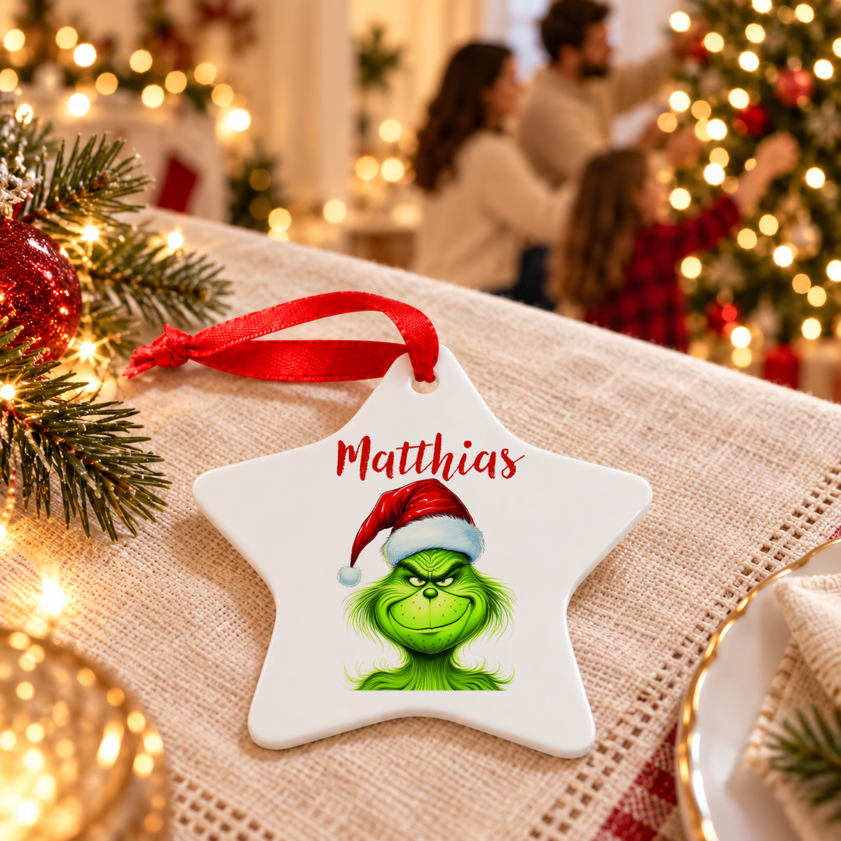 Weihnachtsanhänger personalisiert Grinch 3 mit Wunschnamen – Rund, Stern, Herz oder Glocke