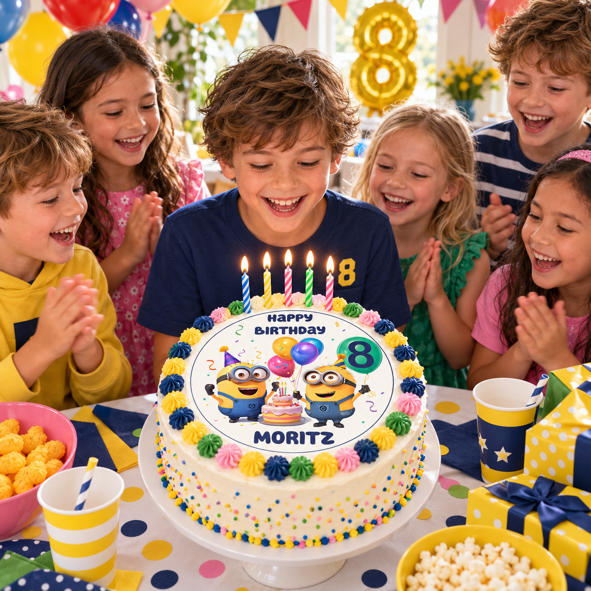 MUCKKI-PRO:44034c7918dcfb41a53ab5364d9a8bc14be0037c418957cd3d0fc722adcd97ef:Tortenaufleger Geburtstag Minions 8 – Magische Kuchendekoration für Kindergeburtstage