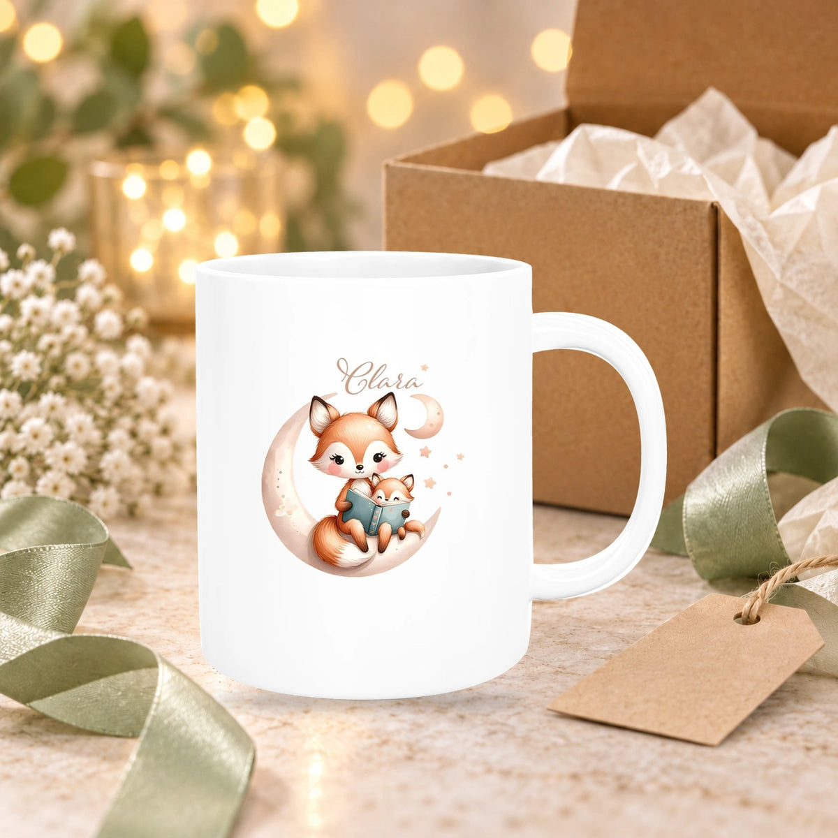 MUCKKI-PRO:4303f136ee398dde8791cf01112eb608d752a59427a6c3298f39f09b12b5a839:Tasse Wunschname Fuchs 2 Keramik Kinderbecher versch. Farben