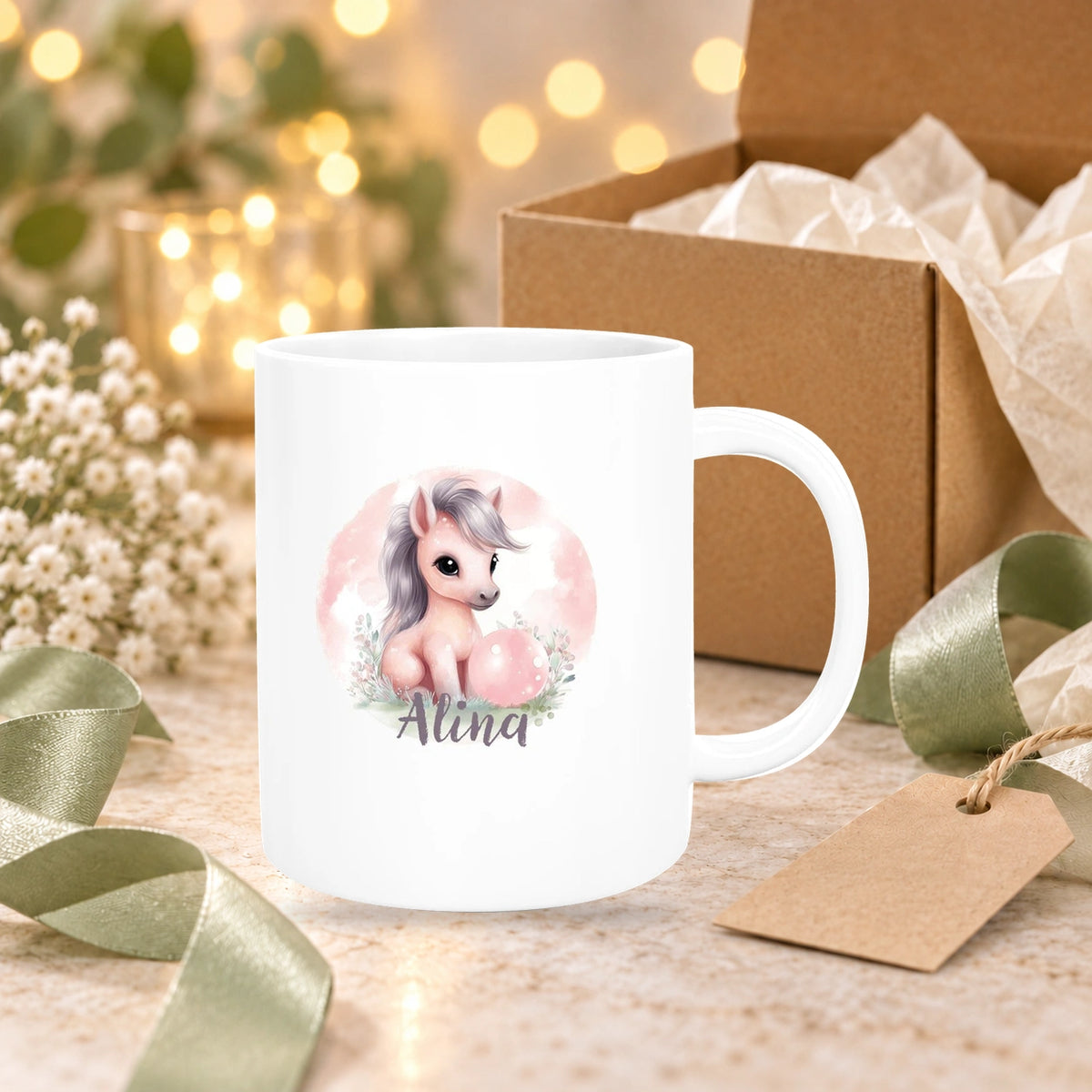 Tasse Pferd 7 Wunschname Keramik Kinderbecher personalisiert versch. Farben