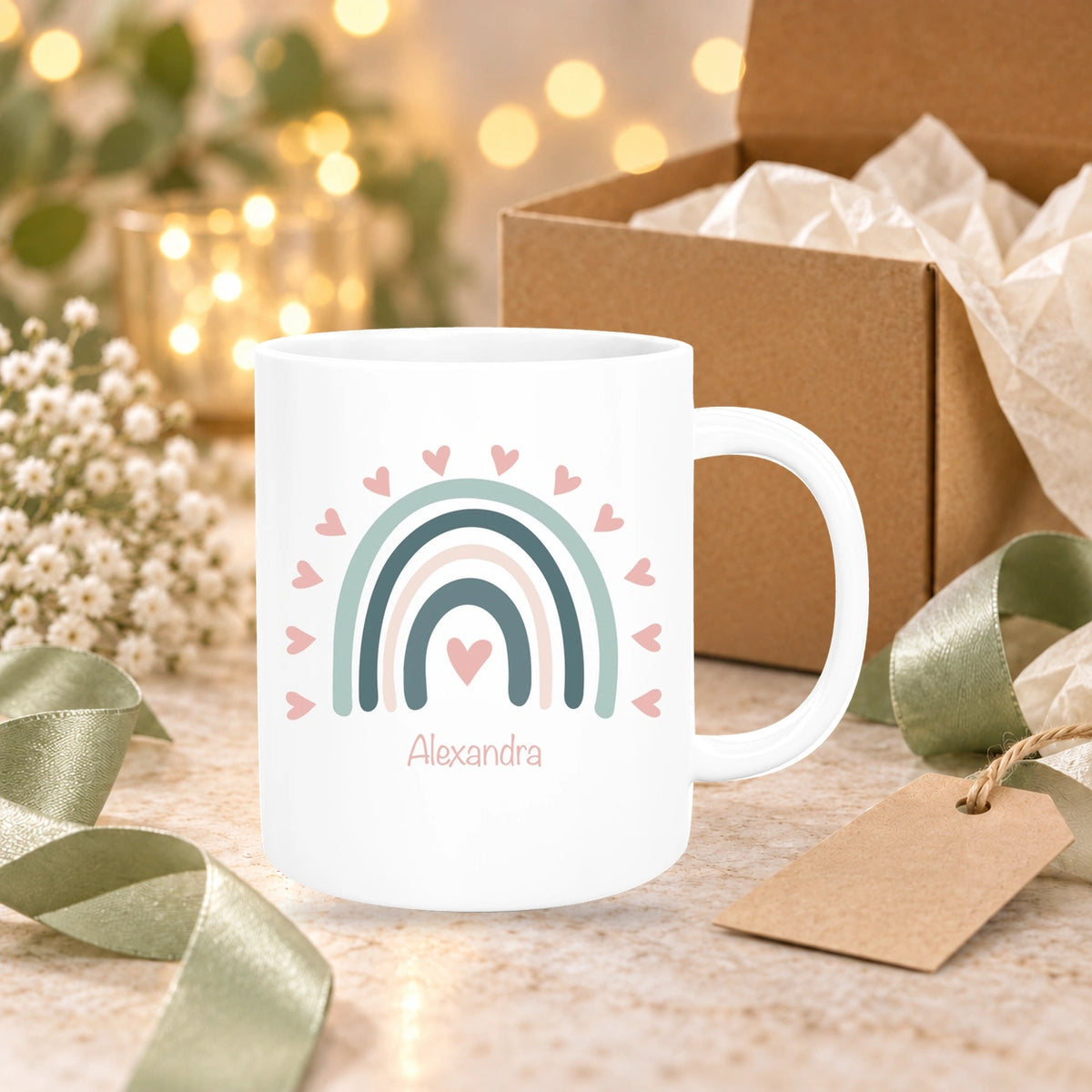 MUCKKI-PRO:792d9a25818b695c5280ed578f92b5ded2c244e7bb8279d9cbd5178c29e8ce00:Tasse Wunschname Regenbogen 4 Keramik Kinderbecher versch. Farben
