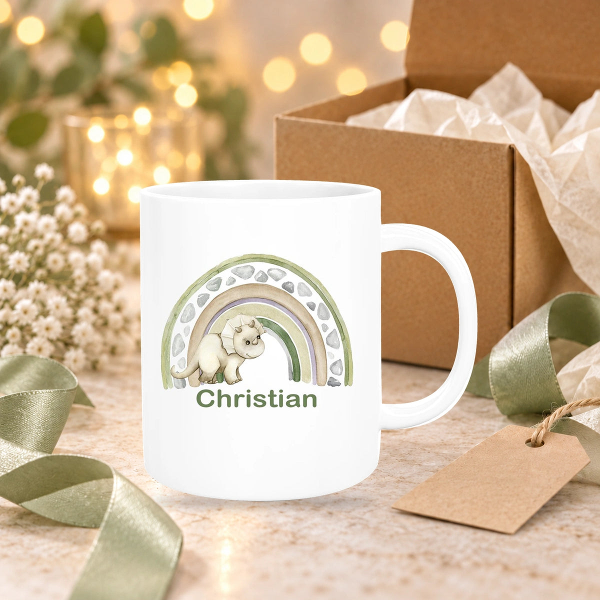 Tasse Wunschname Regenbogen-Dino Keramik Kinderbecher versch. Farben
