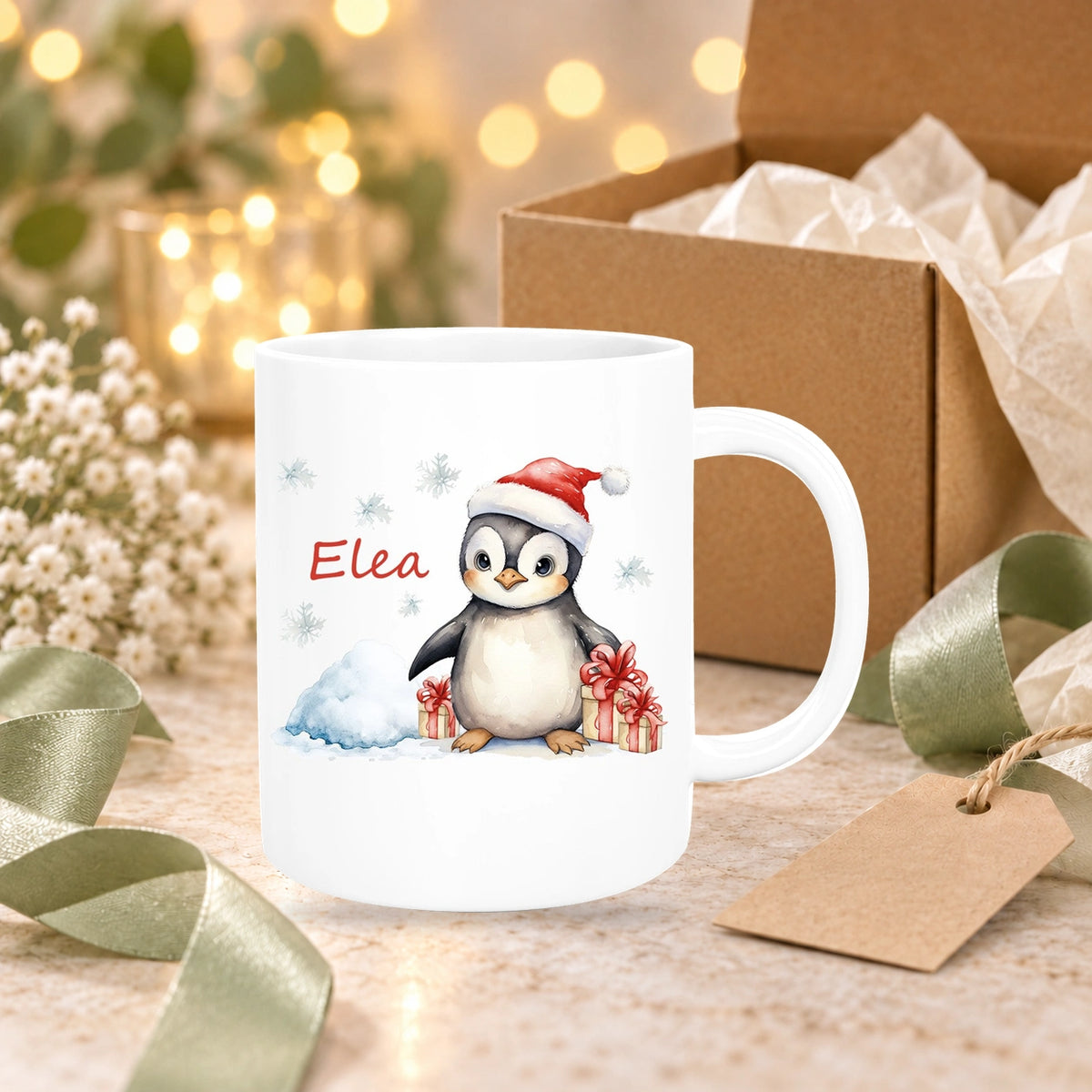 MUCKKI-PRO:43a800e1824abbb16c25c165c1fa0285a610399c626dcd0e6049938872d0c82b:Tasse Wunschname Weihnachten Pinguin 1 Keramik Kinderbecher versch. Farben