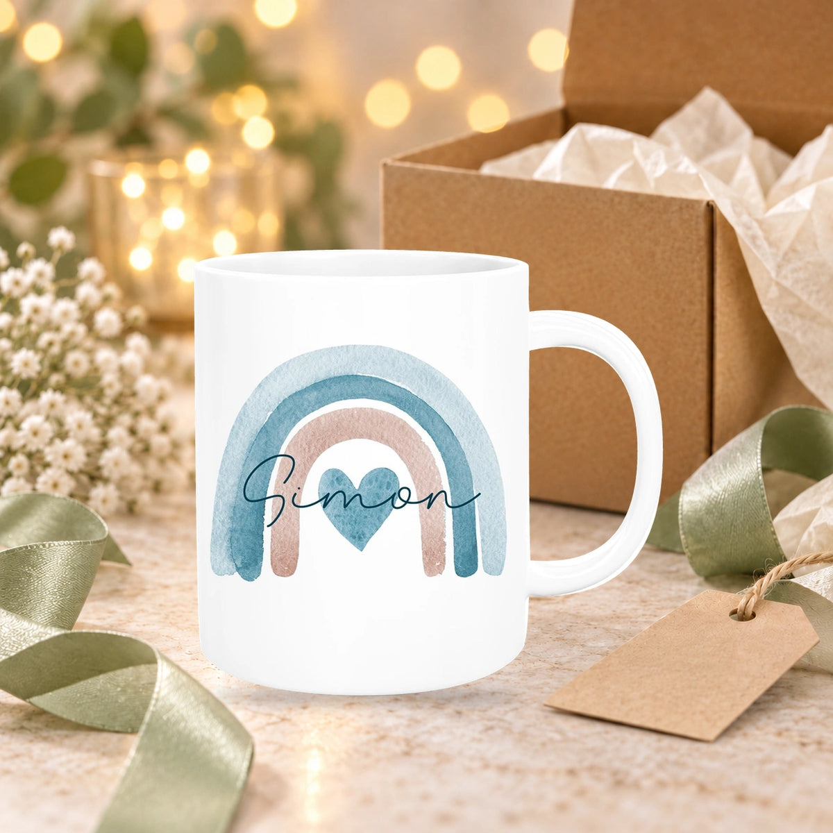 MUCKKI-PRO:f53515e54da7255fbec9f16d4fee147b4df047d99edaf74a698b3173baab5273:Tasse Wunschname Regenbogen 6 Keramik Kinderbecher versch. Farben